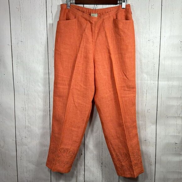 Olsen Sport 100% Linen Embroidered Crop Pants Orange Size 10 Boho Coastal Resort - Picture 5 of 16